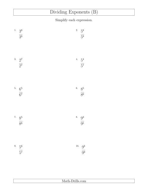 The Dividing Exponents With a Larger or Equal Exponent in the Divisor (All Positive) (B) Math Worksheet