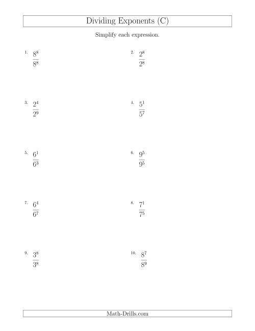 The Dividing Exponents With a Larger or Equal Exponent in the Divisor (All Positive) (C) Math Worksheet