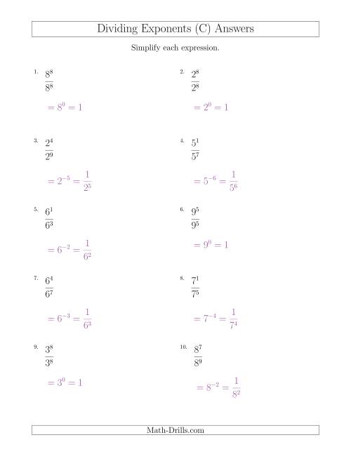 The Dividing Exponents With a Larger or Equal Exponent in the Divisor (All Positive) (C) Math Worksheet Page 2