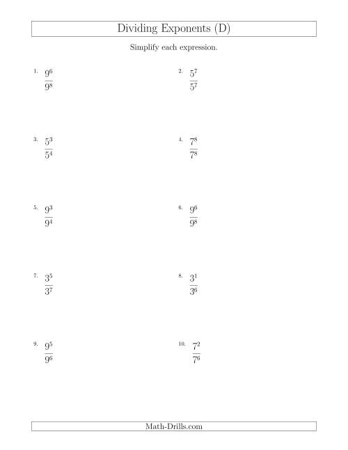 The Dividing Exponents With a Larger or Equal Exponent in the Divisor (All Positive) (D) Math Worksheet