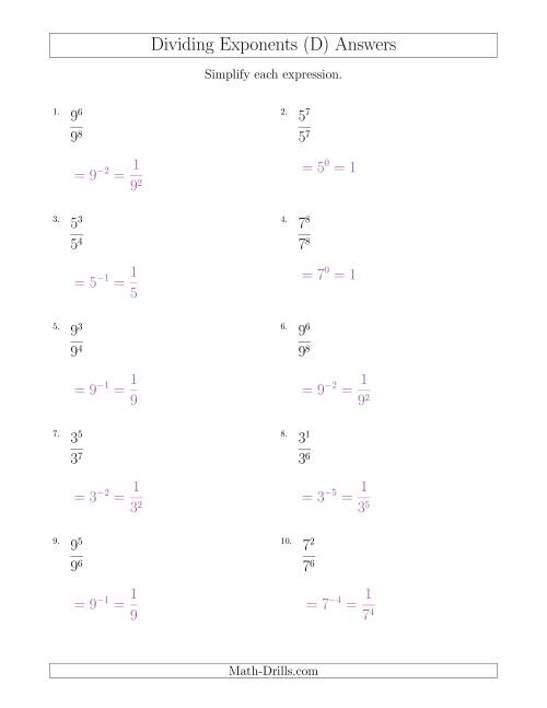The Dividing Exponents With a Larger or Equal Exponent in the Divisor (All Positive) (D) Math Worksheet Page 2