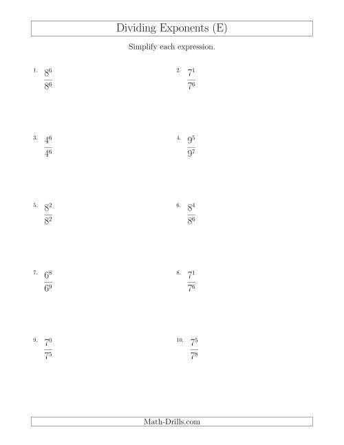The Dividing Exponents With a Larger or Equal Exponent in the Divisor (All Positive) (E) Math Worksheet