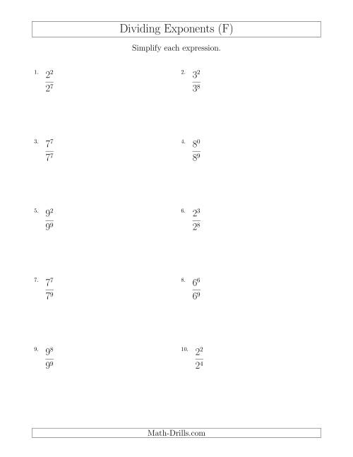 The Dividing Exponents With a Larger or Equal Exponent in the Divisor (All Positive) (F) Math Worksheet