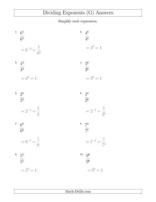 The Dividing Exponents With a Larger or Equal Exponent in the Divisor (All Positive) (G) Math Worksheet Page 2