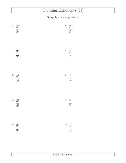 The Dividing Exponents With a Larger or Equal Exponent in the Divisor (All Positive) (H) Math Worksheet