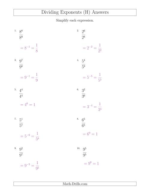 The Dividing Exponents With a Larger or Equal Exponent in the Divisor (All Positive) (H) Math Worksheet Page 2