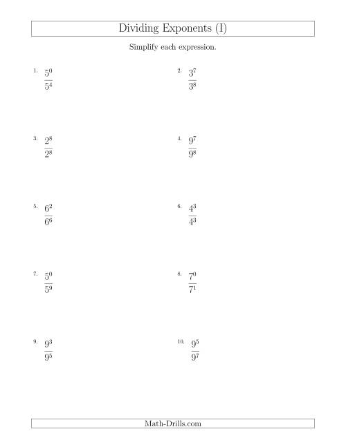 The Dividing Exponents With a Larger or Equal Exponent in the Divisor (All Positive) (I) Math Worksheet