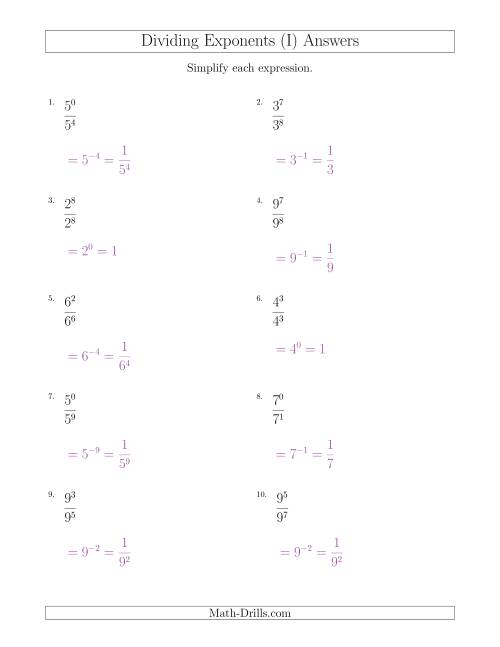 The Dividing Exponents With a Larger or Equal Exponent in the Divisor (All Positive) (I) Math Worksheet Page 2