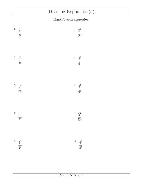 The Dividing Exponents With a Larger or Equal Exponent in the Divisor (All Positive) (J) Math Worksheet