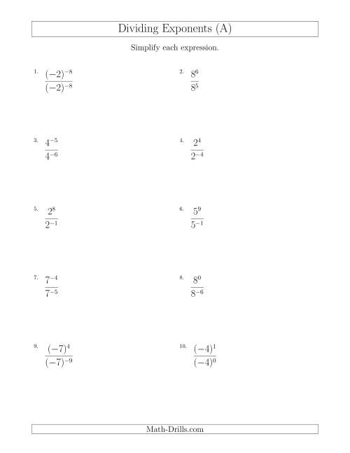 The Dividing Exponents With a Larger or Equal Exponent in the Dividend (With Negatives) (A) Math Worksheet