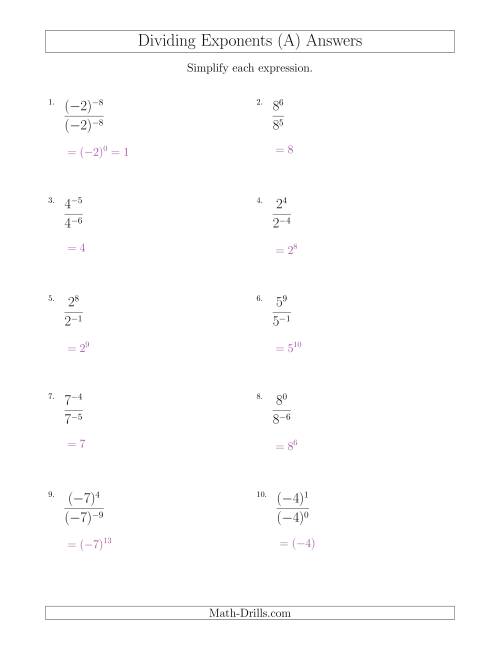 The Dividing Exponents With a Larger or Equal Exponent in the Dividend (With Negatives) (A) Math Worksheet Page 2