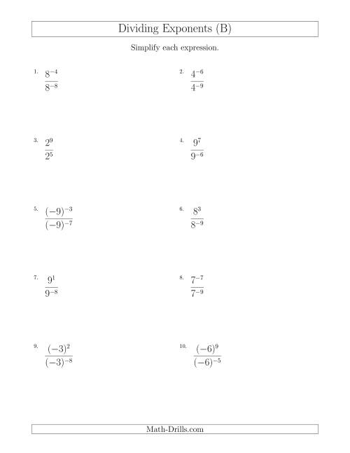 The Dividing Exponents With a Larger or Equal Exponent in the Dividend (With Negatives) (B) Math Worksheet