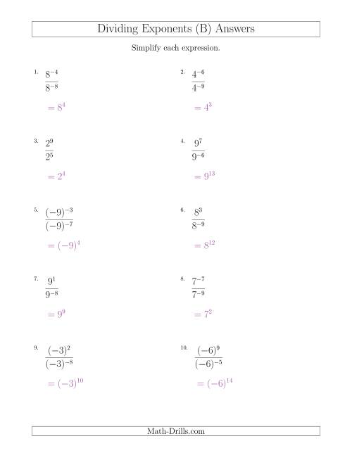 The Dividing Exponents With a Larger or Equal Exponent in the Dividend (With Negatives) (B) Math Worksheet Page 2