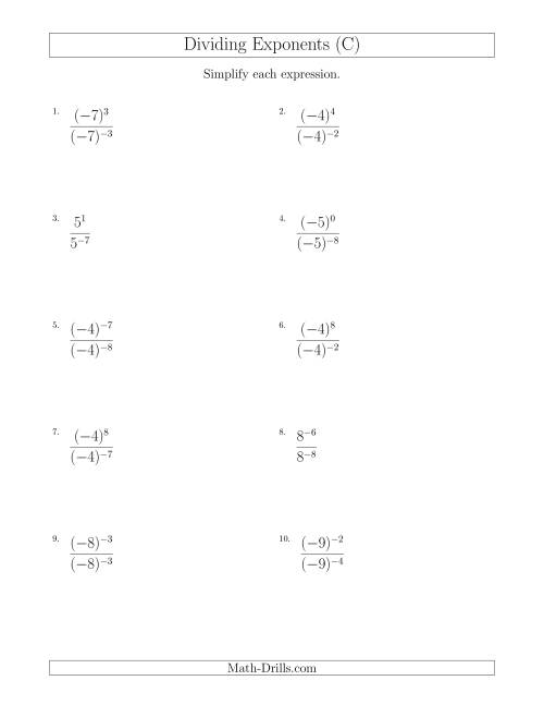 The Dividing Exponents With a Larger or Equal Exponent in the Dividend (With Negatives) (C) Math Worksheet