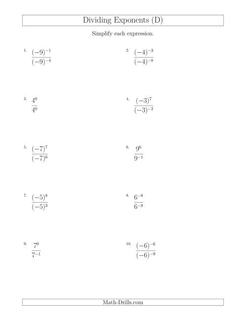 The Dividing Exponents With a Larger or Equal Exponent in the Dividend (With Negatives) (D) Math Worksheet