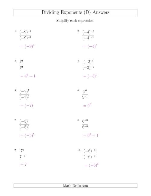 The Dividing Exponents With a Larger or Equal Exponent in the Dividend (With Negatives) (D) Math Worksheet Page 2