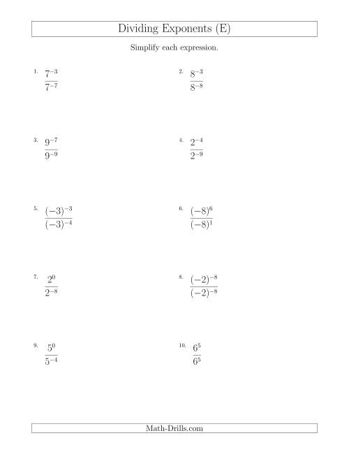 The Dividing Exponents With a Larger or Equal Exponent in the Dividend (With Negatives) (E) Math Worksheet
