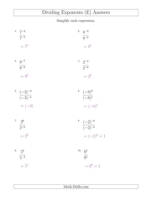 The Dividing Exponents With a Larger or Equal Exponent in the Dividend (With Negatives) (E) Math Worksheet Page 2