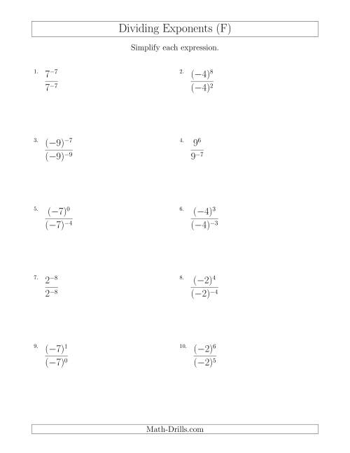 The Dividing Exponents With a Larger or Equal Exponent in the Dividend (With Negatives) (F) Math Worksheet