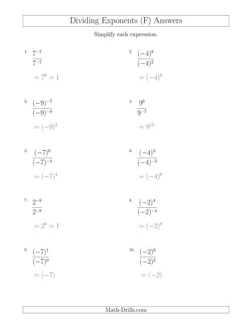 The Dividing Exponents With a Larger or Equal Exponent in the Dividend (With Negatives) (F) Math Worksheet Page 2