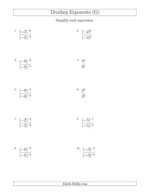 The Dividing Exponents With a Larger or Equal Exponent in the Dividend (With Negatives) (G) Math Worksheet