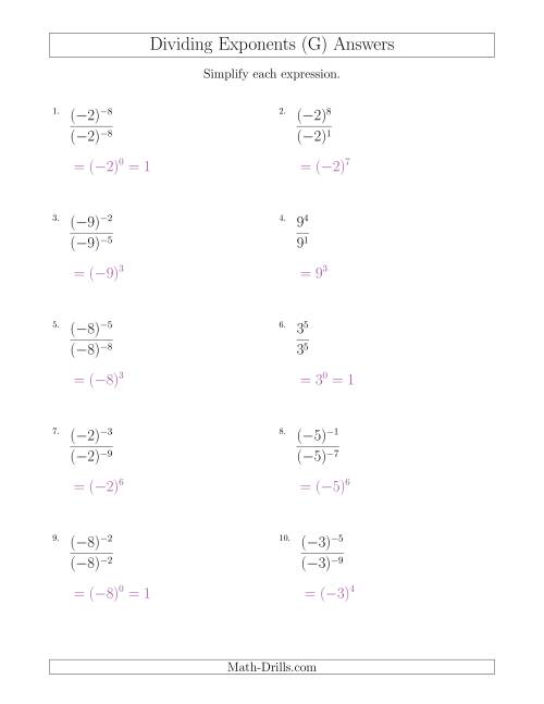 The Dividing Exponents With a Larger or Equal Exponent in the Dividend (With Negatives) (G) Math Worksheet Page 2