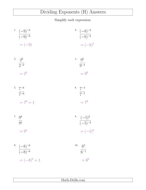 The Dividing Exponents With a Larger or Equal Exponent in the Dividend (With Negatives) (H) Math Worksheet Page 2