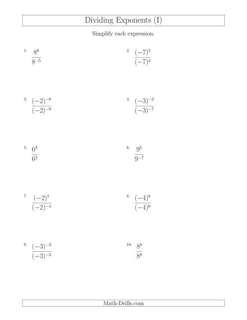 The Dividing Exponents With a Larger or Equal Exponent in the Dividend (With Negatives) (I) Math Worksheet