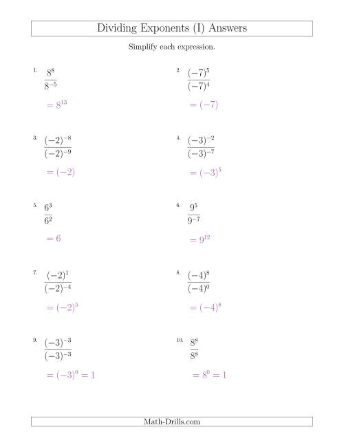 The Dividing Exponents With a Larger or Equal Exponent in the Dividend (With Negatives) (I) Math Worksheet Page 2