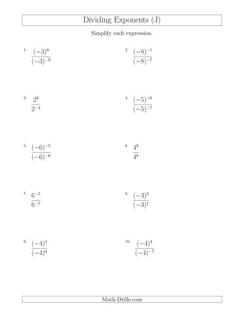 The Dividing Exponents With a Larger or Equal Exponent in the Dividend (With Negatives) (J) Math Worksheet