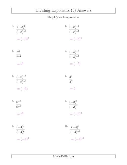 The Dividing Exponents With a Larger or Equal Exponent in the Dividend (With Negatives) (J) Math Worksheet Page 2