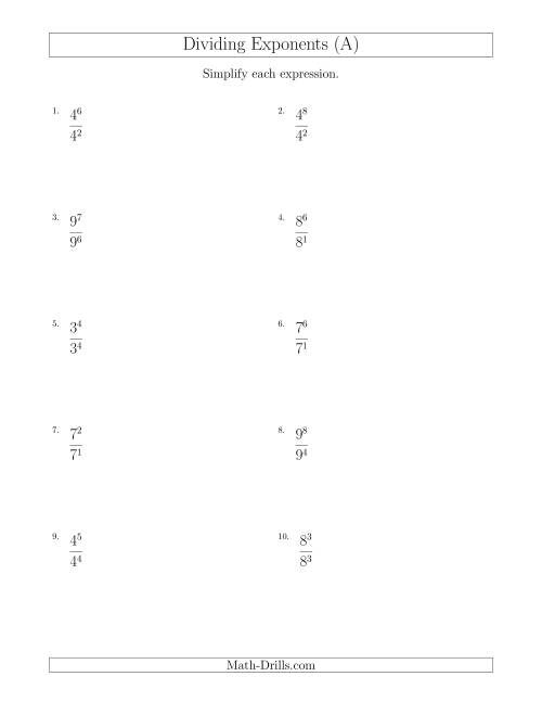 The Dividing Exponents With a Larger or Equal Exponent in the Dividend (All Positive) (A) Math Worksheet