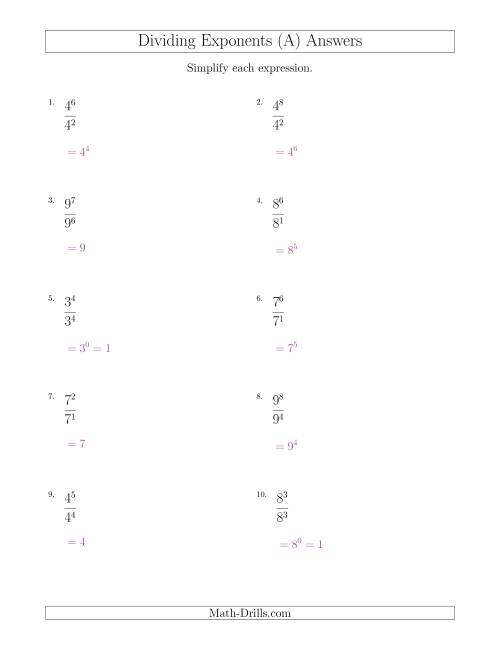 The Dividing Exponents With a Larger or Equal Exponent in the Dividend (All Positive) (A) Math Worksheet Page 2