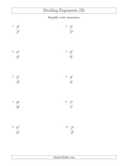 The Dividing Exponents With a Larger or Equal Exponent in the Dividend (All Positive) (B) Math Worksheet