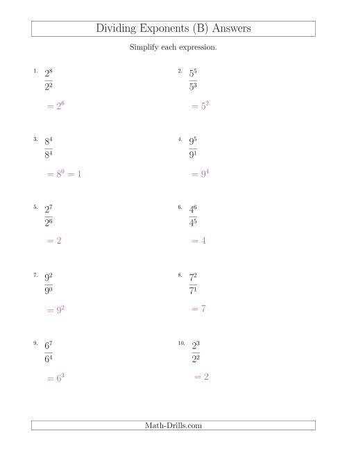The Dividing Exponents With a Larger or Equal Exponent in the Dividend (All Positive) (B) Math Worksheet Page 2