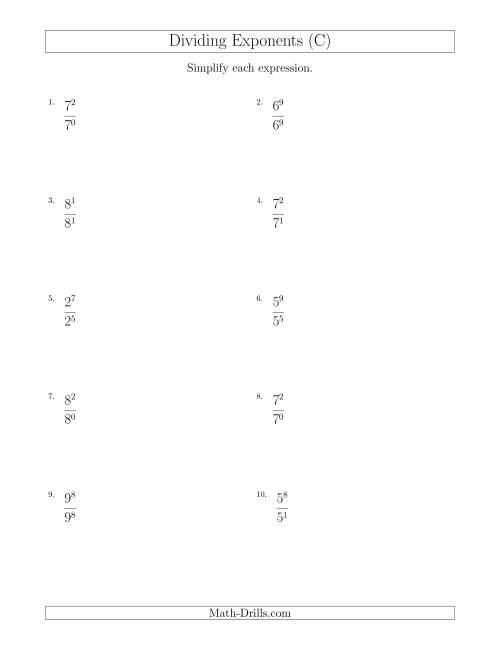 The Dividing Exponents With a Larger or Equal Exponent in the Dividend (All Positive) (C) Math Worksheet