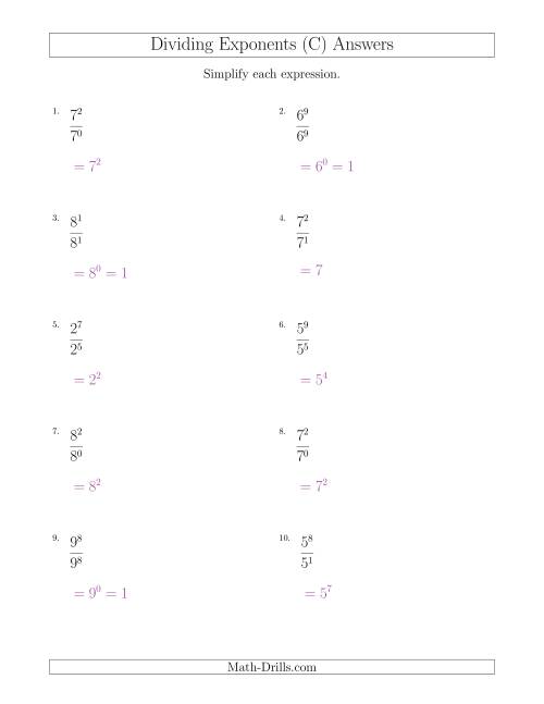 The Dividing Exponents With a Larger or Equal Exponent in the Dividend (All Positive) (C) Math Worksheet Page 2
