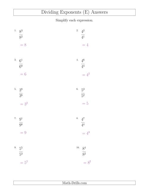 The Dividing Exponents With a Larger or Equal Exponent in the Dividend (All Positive) (E) Math Worksheet Page 2