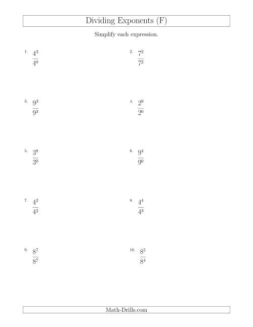 The Dividing Exponents With a Larger or Equal Exponent in the Dividend (All Positive) (F) Math Worksheet
