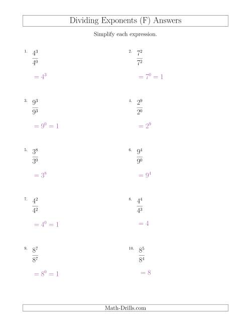 The Dividing Exponents With a Larger or Equal Exponent in the Dividend (All Positive) (F) Math Worksheet Page 2
