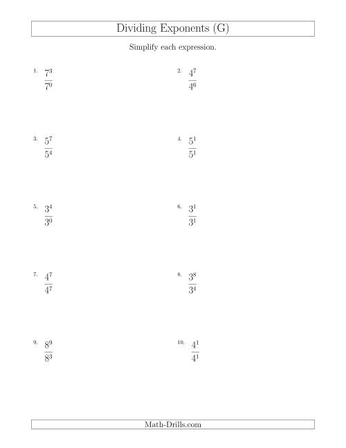 The Dividing Exponents With a Larger or Equal Exponent in the Dividend (All Positive) (G) Math Worksheet