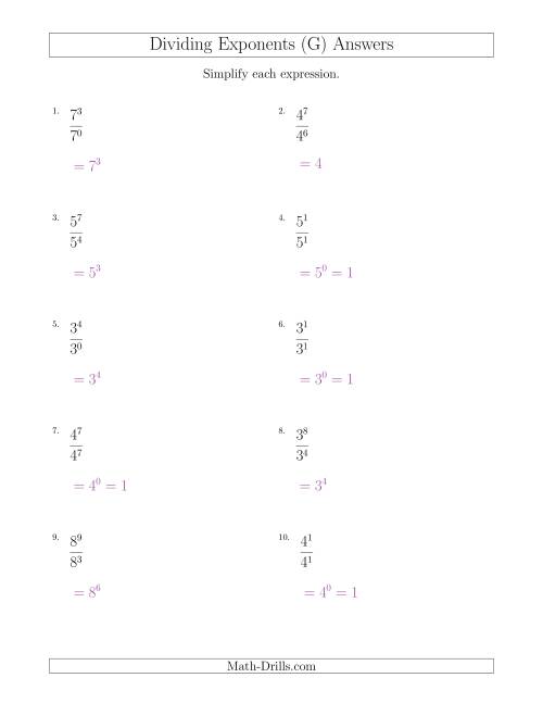 The Dividing Exponents With a Larger or Equal Exponent in the Dividend (All Positive) (G) Math Worksheet Page 2