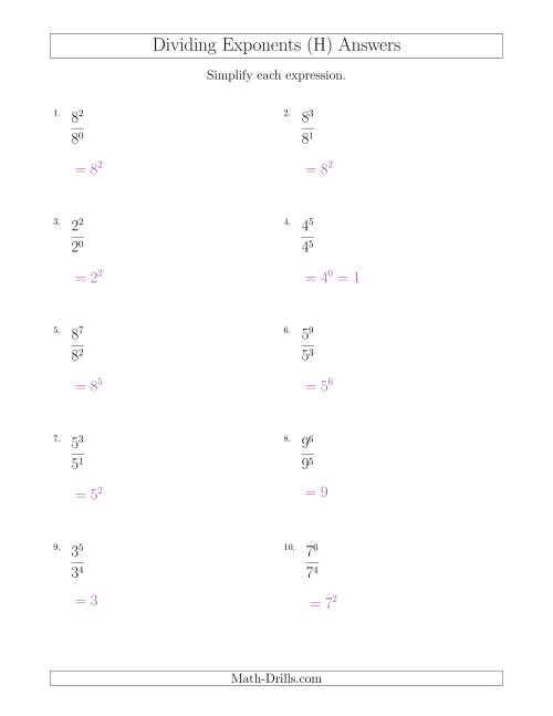The Dividing Exponents With a Larger or Equal Exponent in the Dividend (All Positive) (H) Math Worksheet Page 2