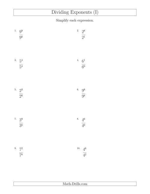 The Dividing Exponents With a Larger or Equal Exponent in the Dividend (All Positive) (I) Math Worksheet