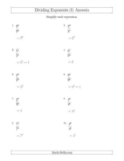 The Dividing Exponents With a Larger or Equal Exponent in the Dividend (All Positive) (I) Math Worksheet Page 2