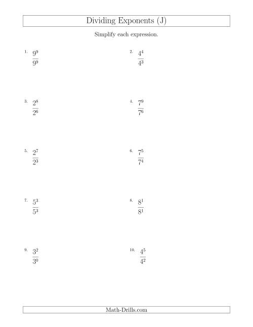The Dividing Exponents With a Larger or Equal Exponent in the Dividend (All Positive) (J) Math Worksheet