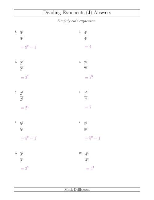 The Dividing Exponents With a Larger or Equal Exponent in the Dividend (All Positive) (J) Math Worksheet Page 2