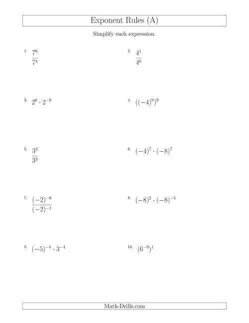 The Mixed Exponent Rules (With Negatives) (A) Math Worksheet