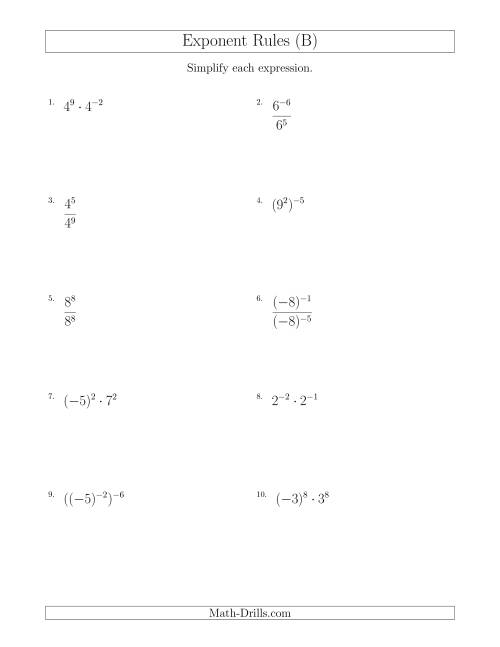 The Mixed Exponent Rules (With Negatives) (B) Math Worksheet