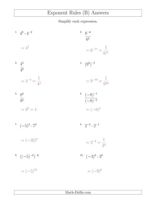 The Mixed Exponent Rules (With Negatives) (B) Math Worksheet Page 2